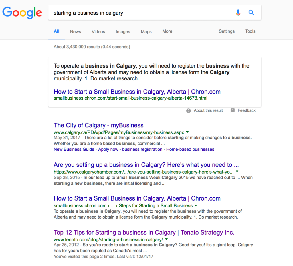 Google Search Results - Starting a Business in Calgary