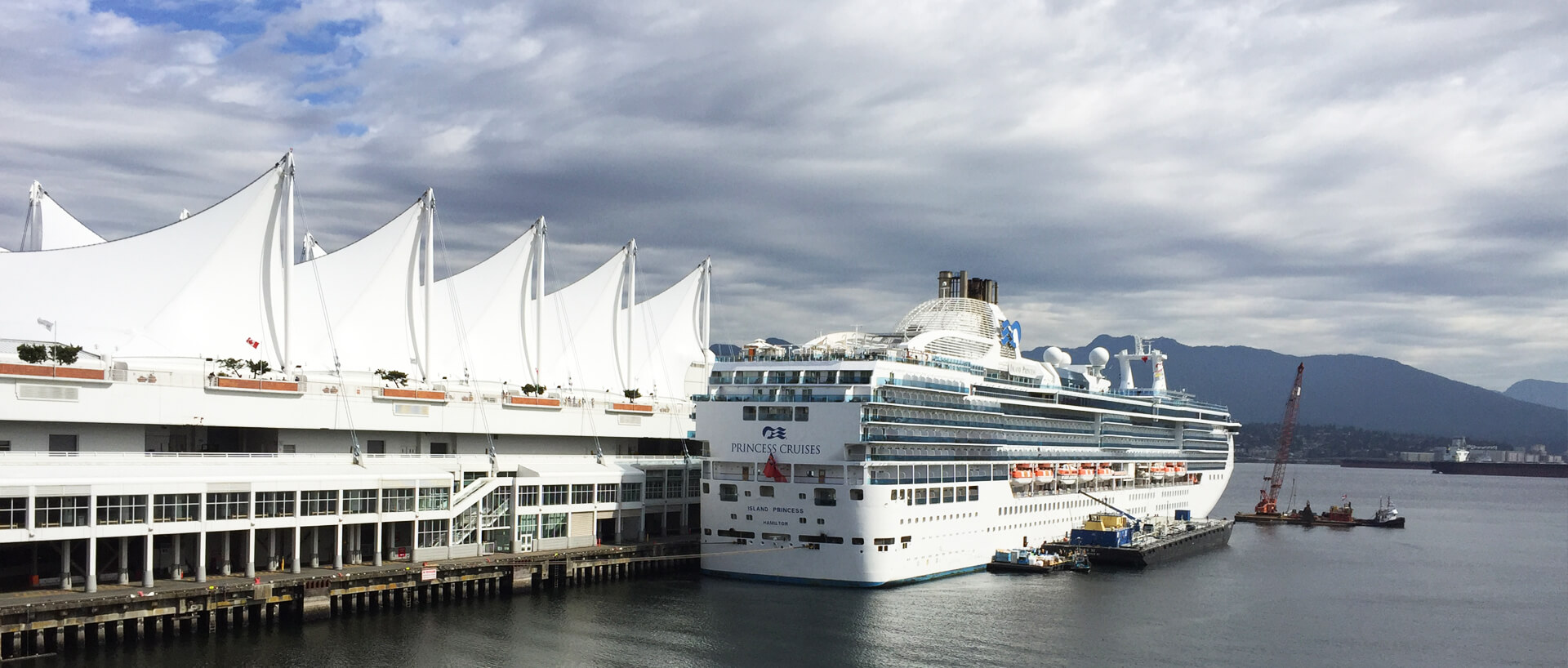 A cruise ship docked at Canada Place at Vancouver's waterfront.