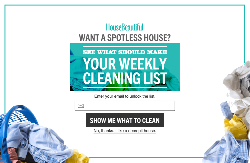 Housecleaning website pop-up example where the two options are: to sign up ("Show me what to clean") or to dismiss the ad ("No, thanks. I like a decrepit house.")