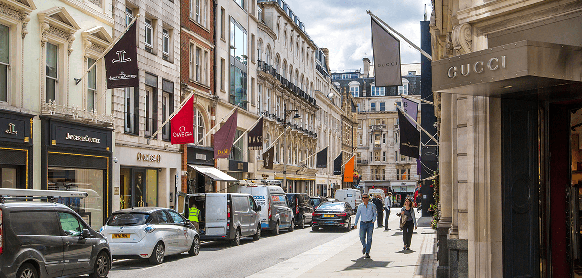 View of Bond Street, a popular luxury shopping street in London, UK