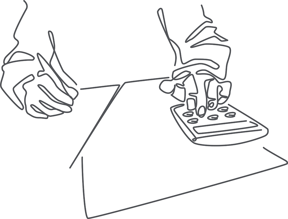 Illustration of hands writing and using a calculator