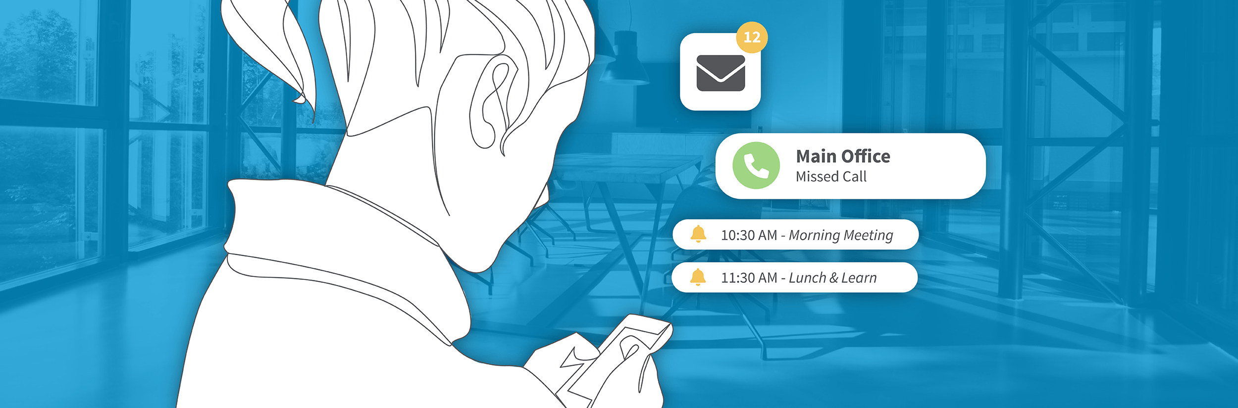 Illustration of a business owner looking at phone with meeting, missed call, and email notifications