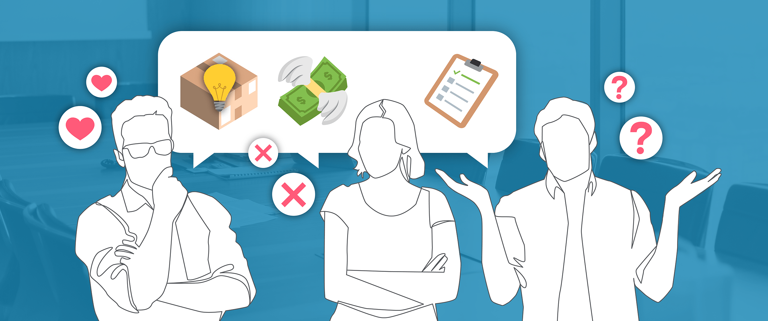 Illustration of people discussing a product with various emotions